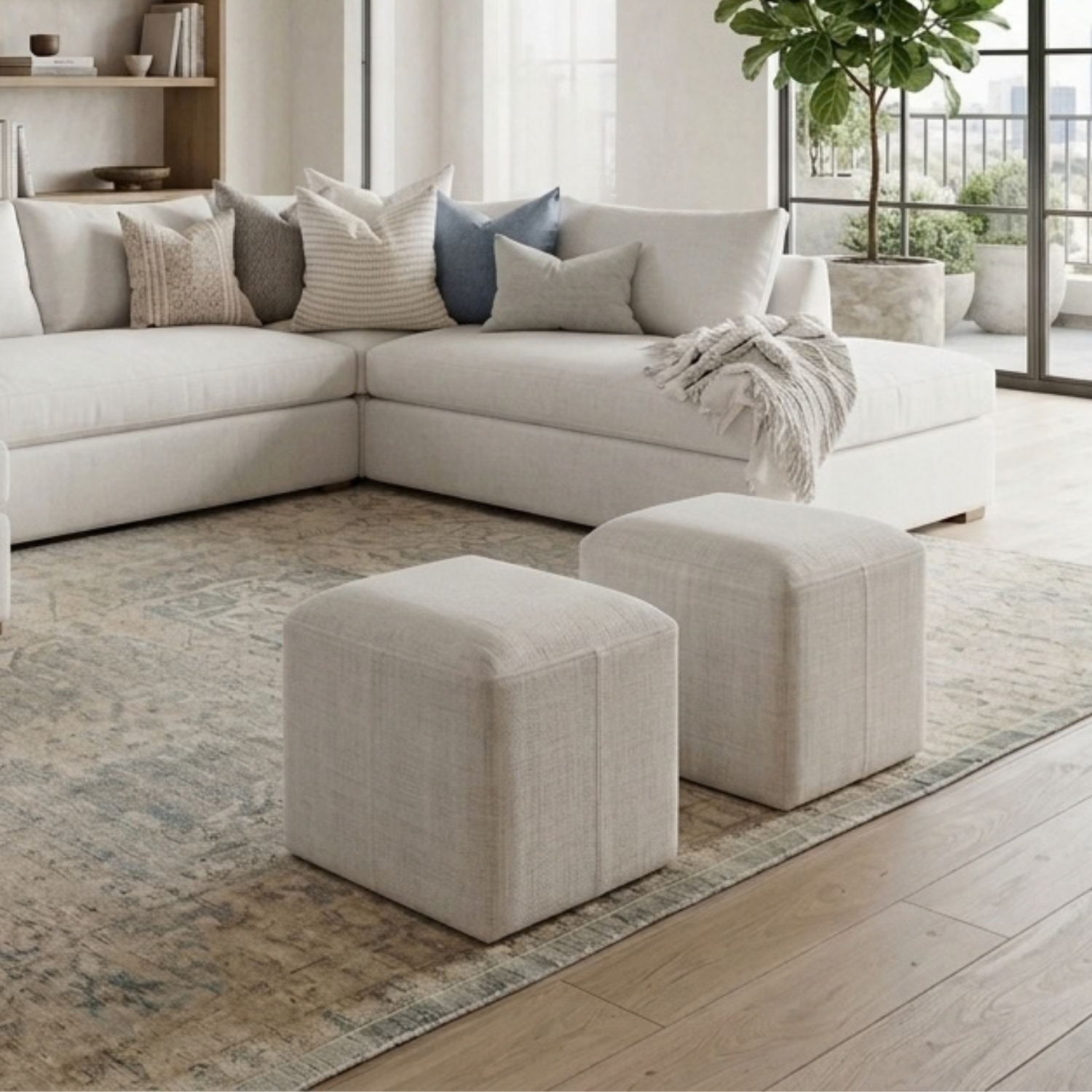 MUEBLE MODULAR EN C AMOBLAMOS EN TELA ANTIFLUIDO CON 2 PUFF Y 6 COJINES DECORATIVOS - 4