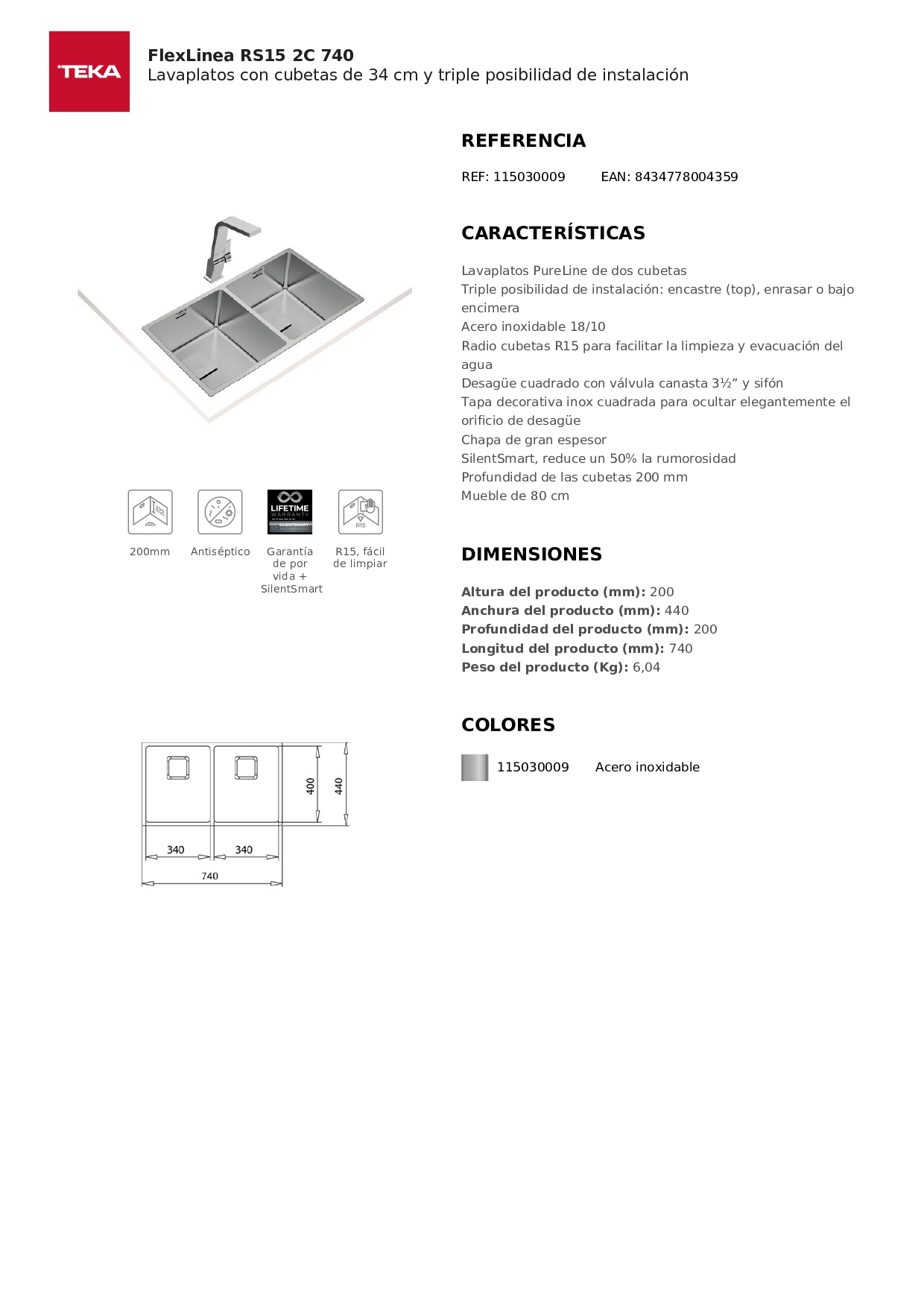LAVADERO TEKA FLEXLINEA 2B RS1 TRIPLE INSTALACION 74 X 44 CM - 7