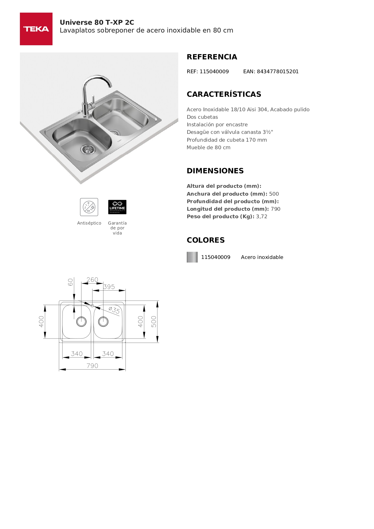 LAVADERO TEKA UNIVERSE 80 2C 80 T-XP 2 POZAS SOBREPONER 79 X 50 CM - 6