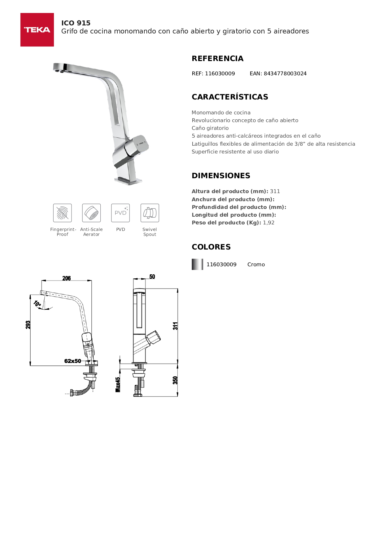 GRIFERÍA TEKA ICO 915 CROMO MONOMANDO DE COCINA - 6