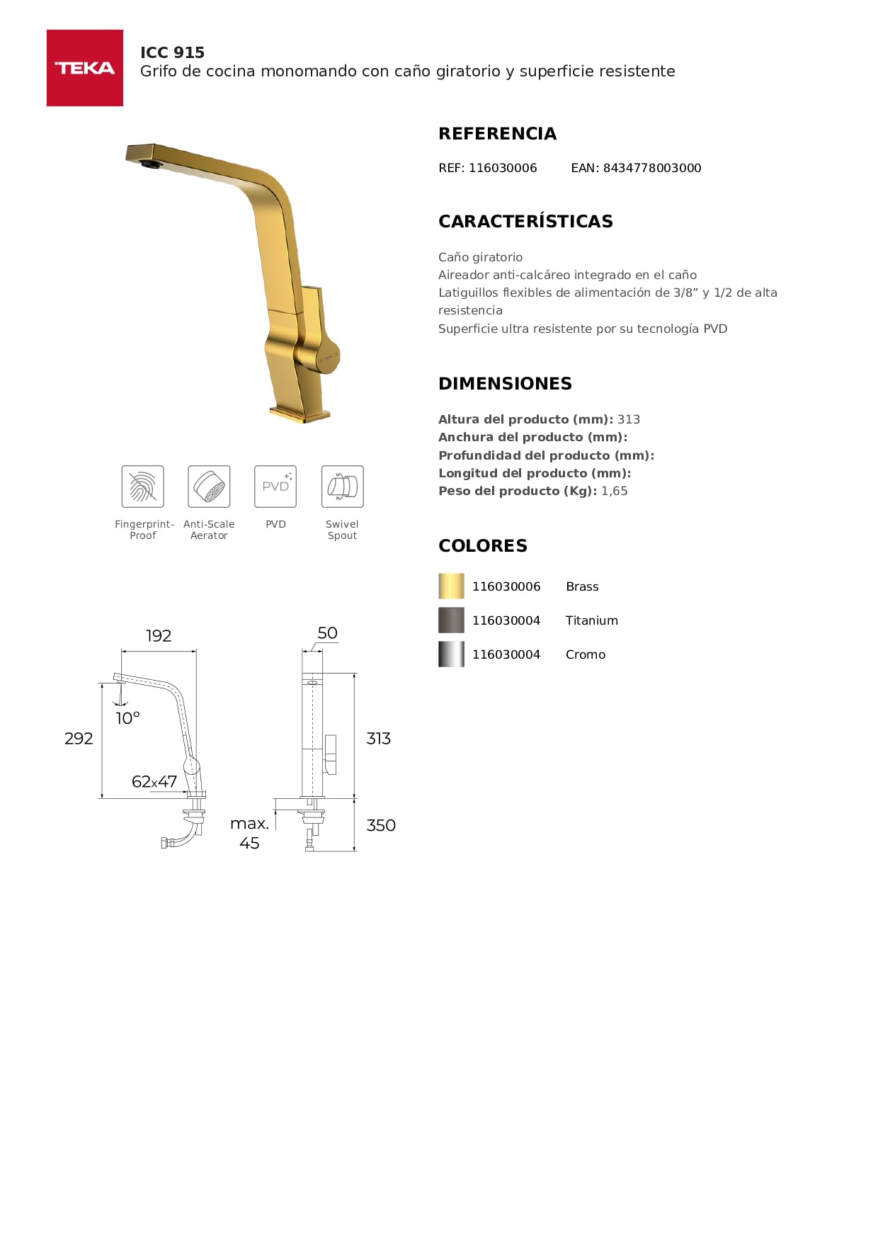 GRIFERÍA TEKA ICC 915 BRASS DORADO METÁLICO MONOMANDO DE COCINA - 6