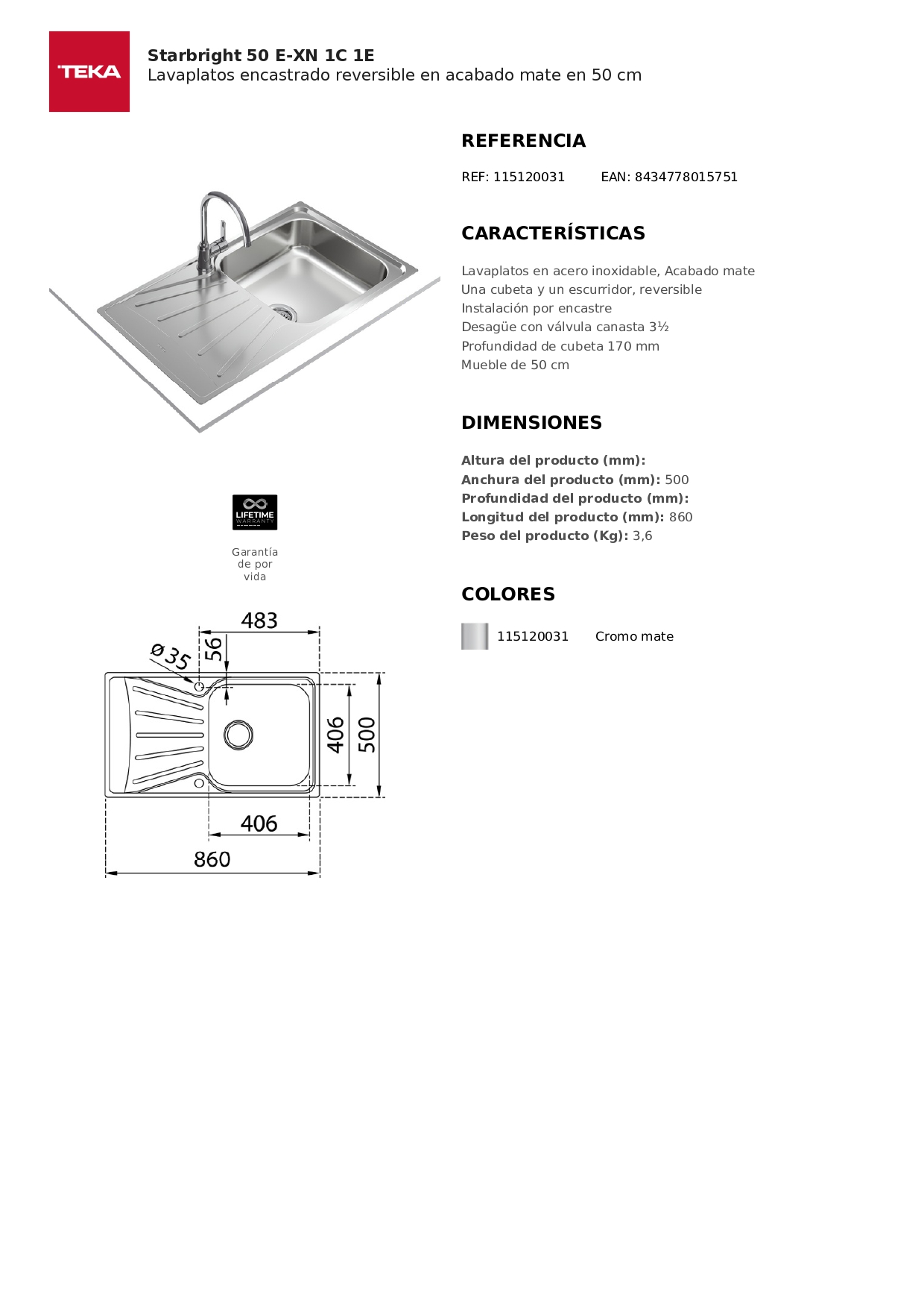 LAVADERO TEKA STARBRIGHT 50 E-XN 1C 1E 86 X 50 CM ACERO INOX - 7