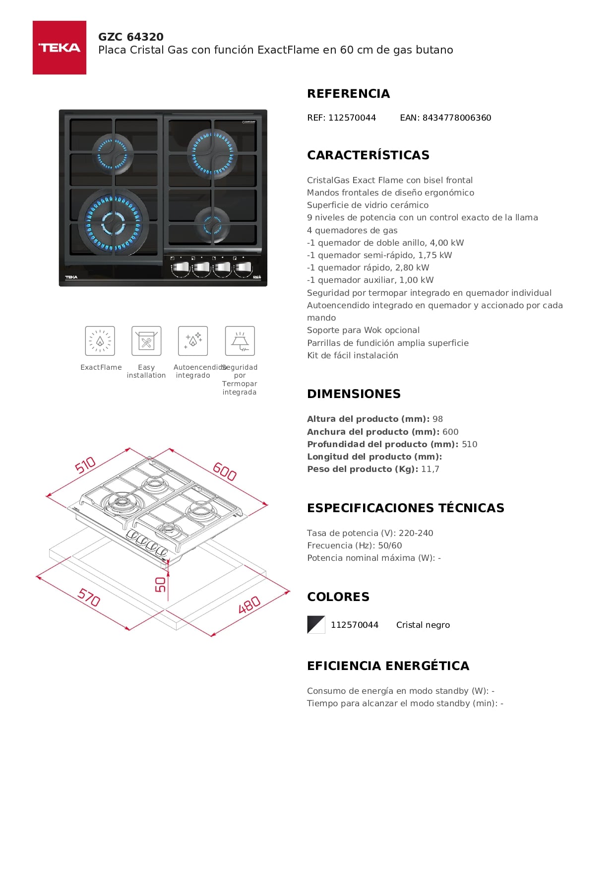 ENCIMERA EMPOTRABLE A GAS GLP/GN TEKA 4 HORNILLAS CRISTAL XBB GZC 64320 - 8