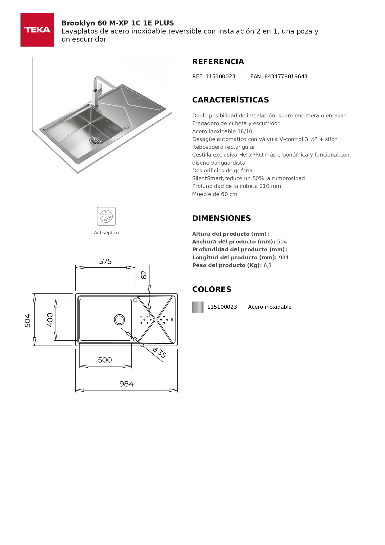 LAVADERO TEKA BROOKLYN 60 M-XP 1C 1E 98.4 X 50.4 CM - 7