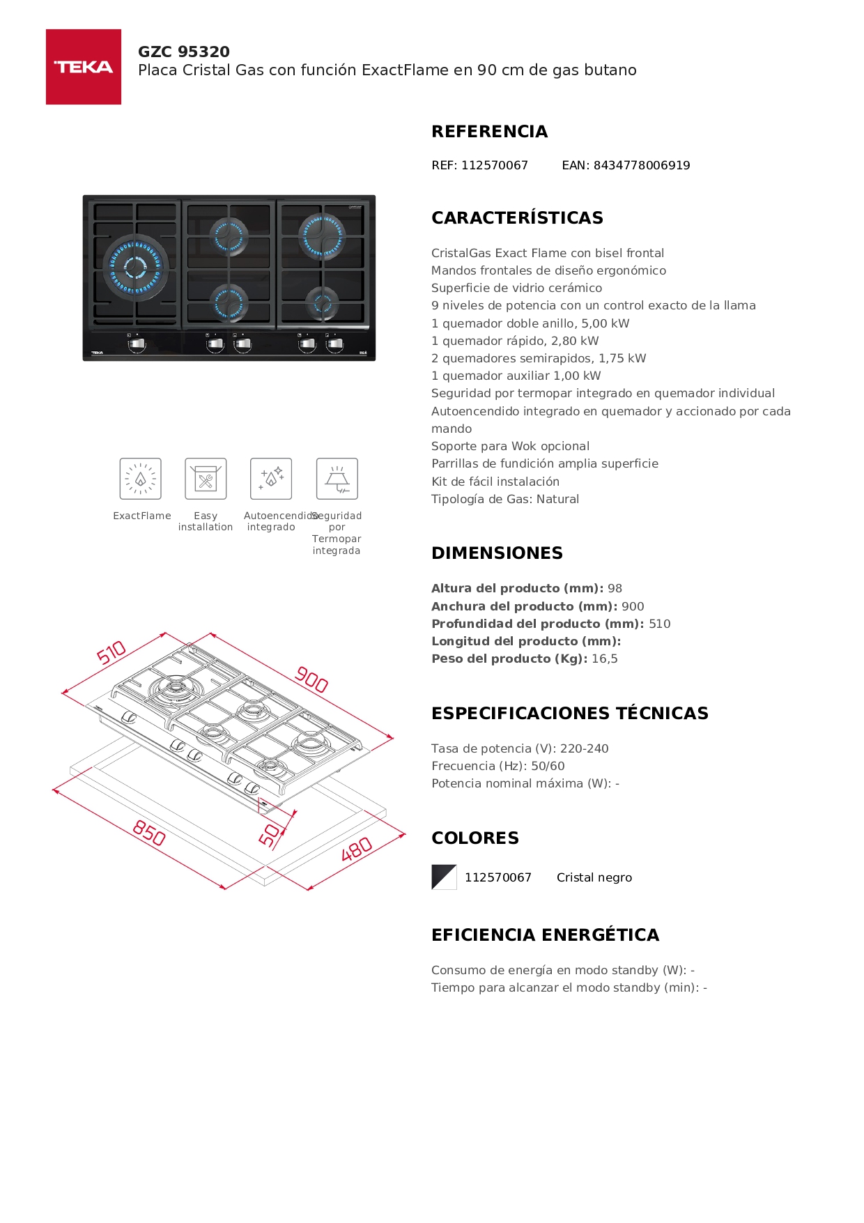 COCINA EMPOTRABLE A GAS 5 HORNILLAS 90CM GZC 95320 XBB TEKA - 6