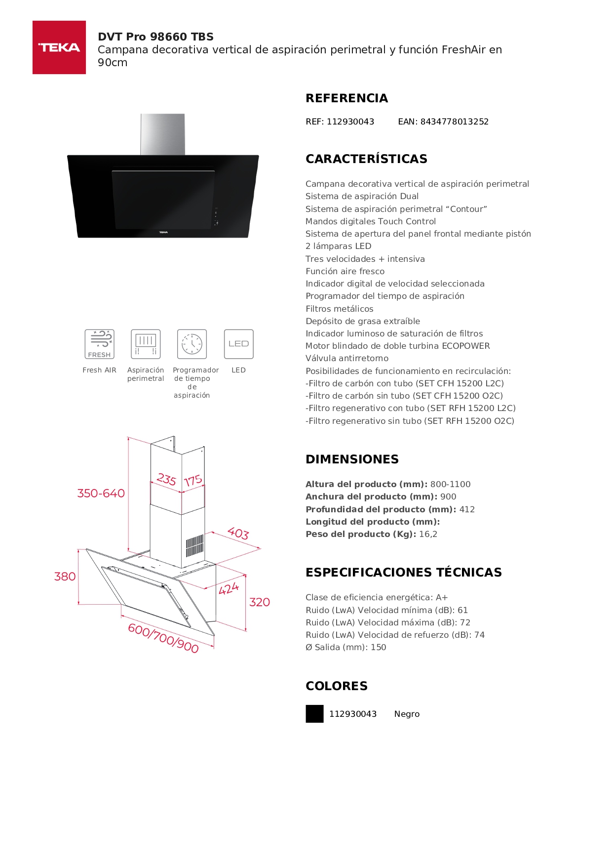 CAMPANA EXTRACTORA 90CM DECORATIVA DVT PRO 98660 TBS BK TEKA - 7