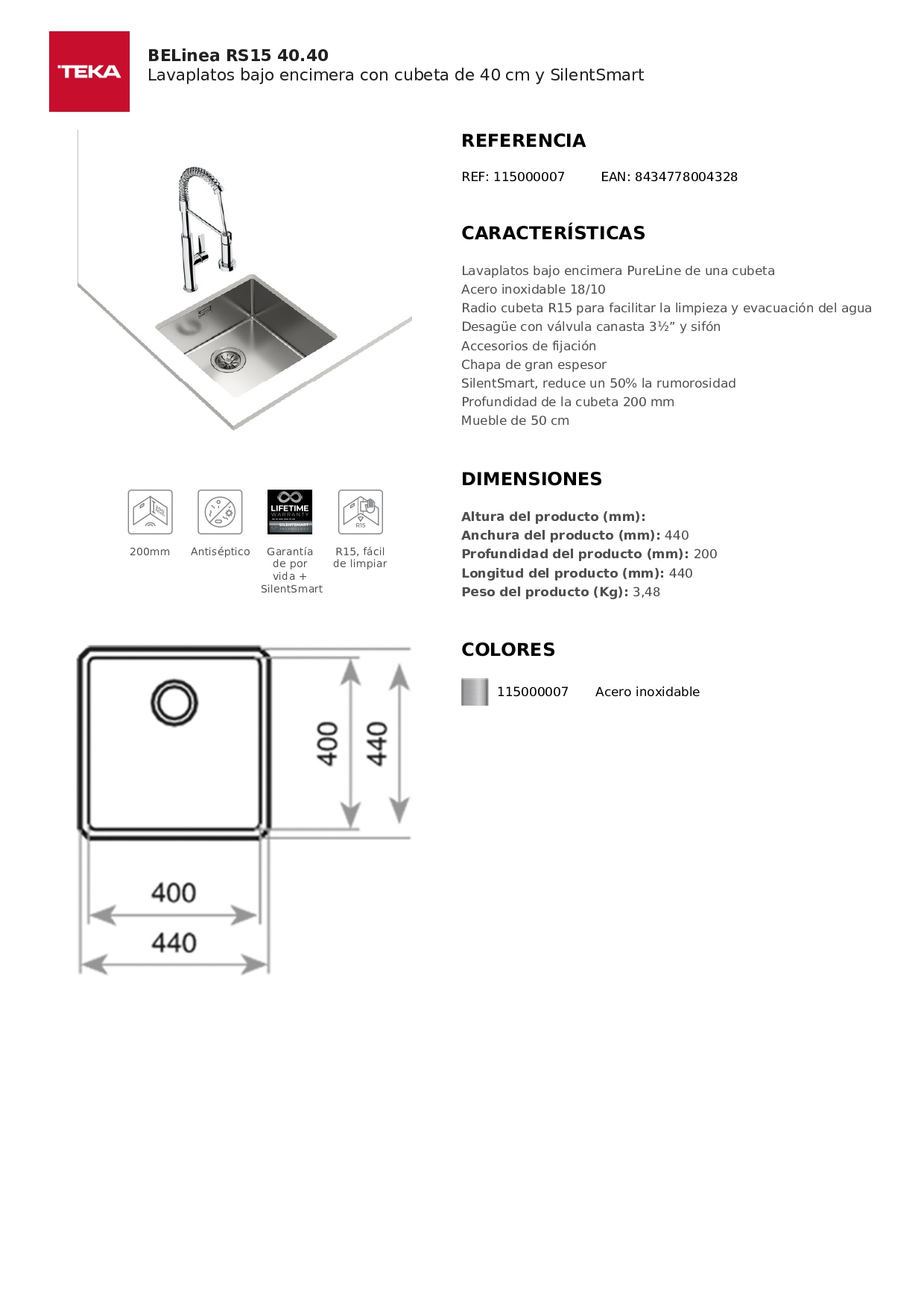 LAVADERO TEKA EMPOTRAR BE LINEA RS15 40.4 44 X 44 CM ACERO - 6