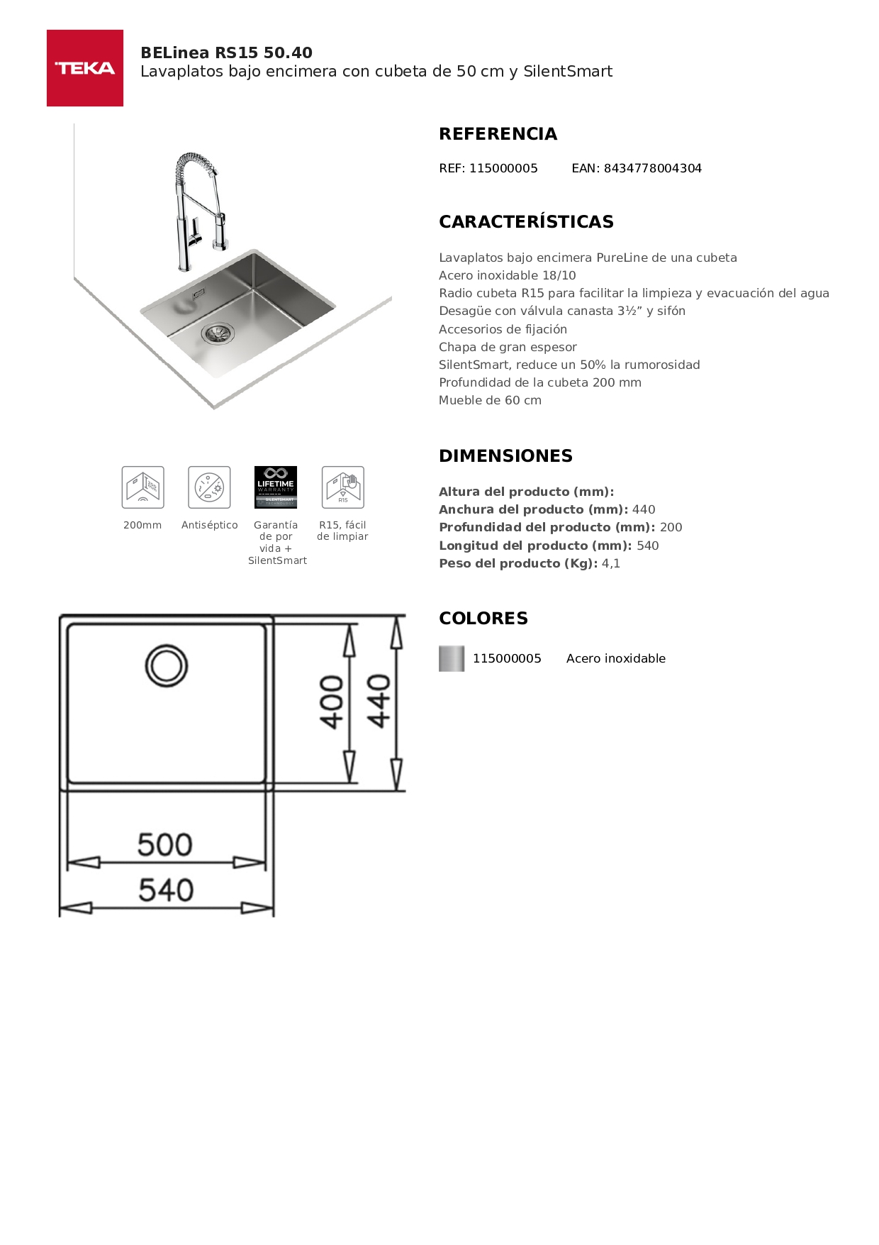 LAVADERO TEKA EMPOTRAR BE LINEA RS15 50.4 54 X 44 CM ACERO - 6