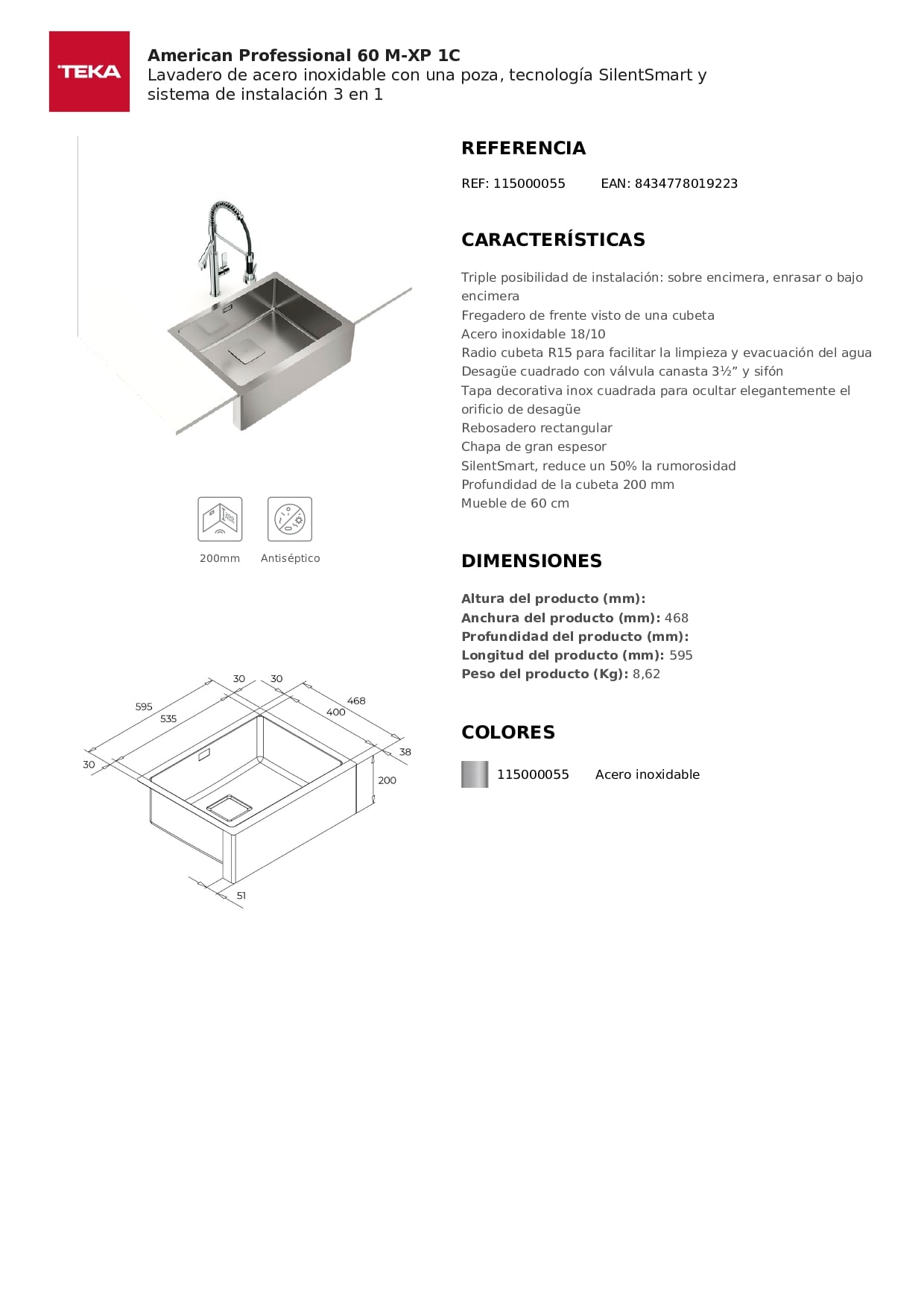 LAVADERO TEKA AMERICAN PRO 60 M-XP 1B 60 X 46.8 CM ACERO INOX - 7