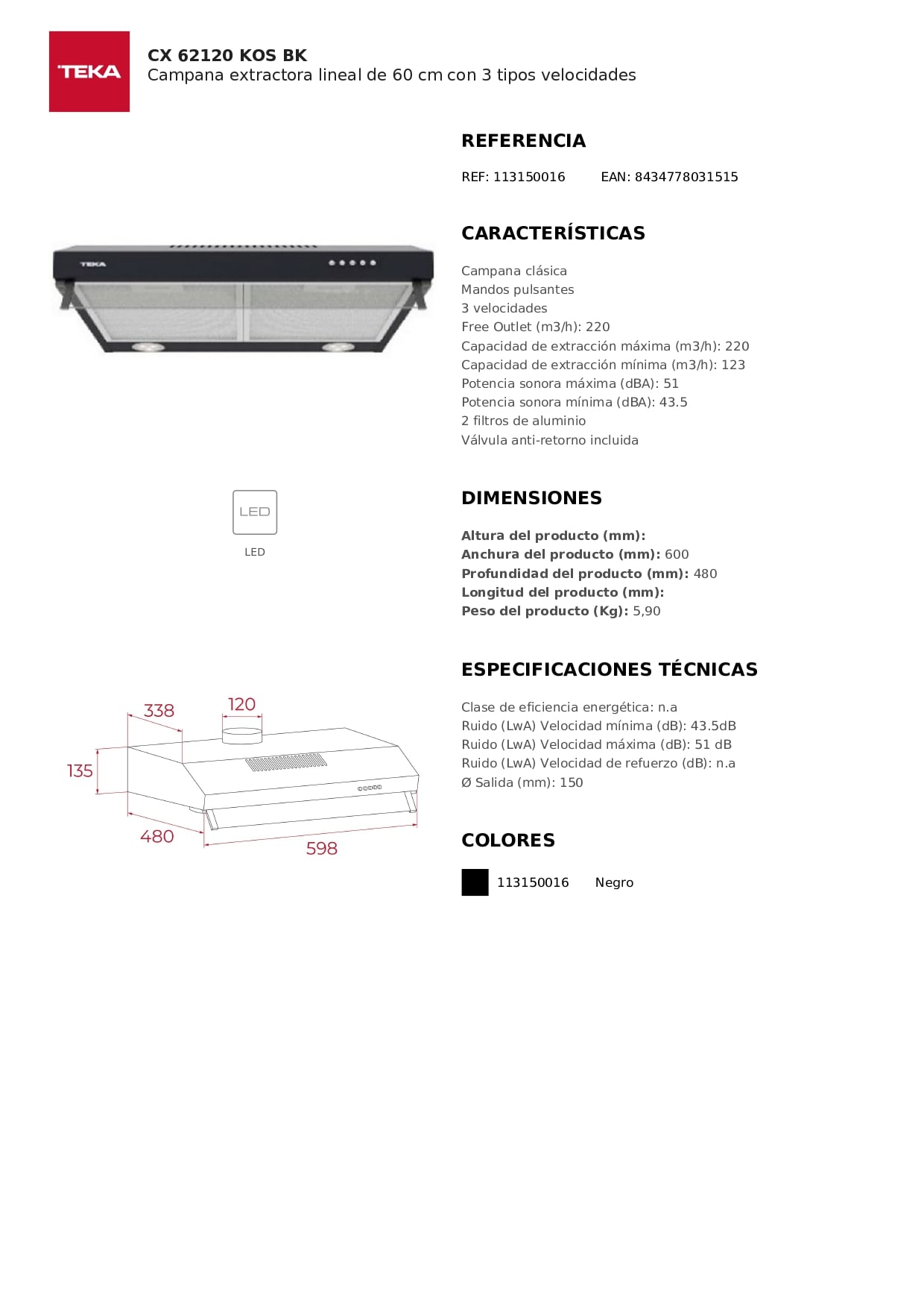 CAMPANA EXTRACTORA 60CM FIJA CX 62120 KOS BK TEKA - 5