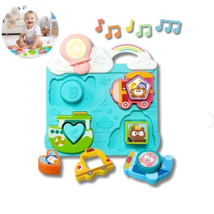 TABLERO MUSICAL CELESTE ENCAJE Y CLASIFICACIÓN PARA BEBÉ - 1
