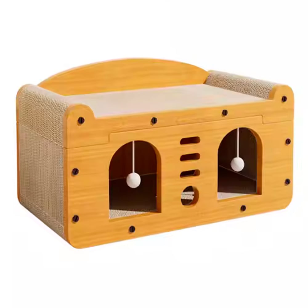 CASA RASCADOR PARA GATOS DOBLE PUERTA CARTÓN Y MADERA 53X26X30 CM MOD. C - 1
