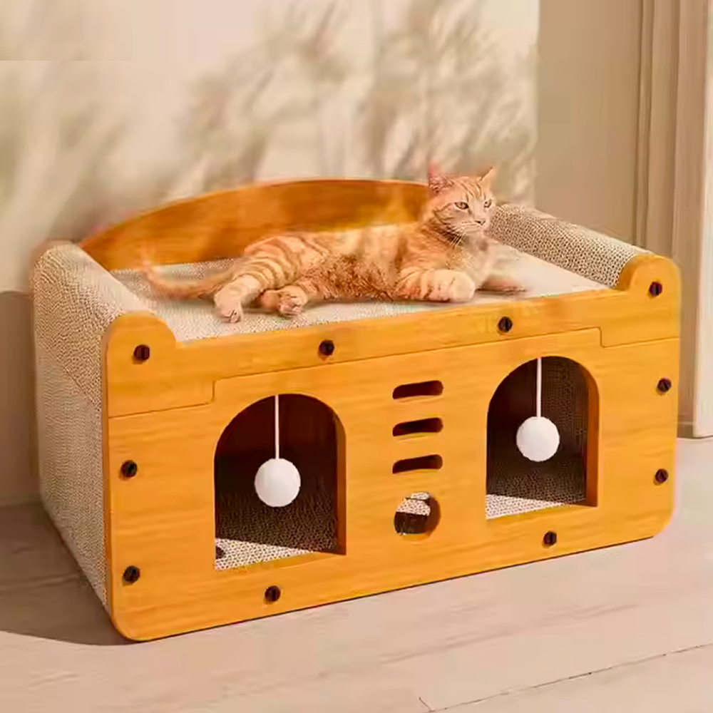 CASA RASCADOR PARA GATOS DOBLE PUERTA CARTÓN Y MADERA 53X26X30 CM MOD. C - 2
