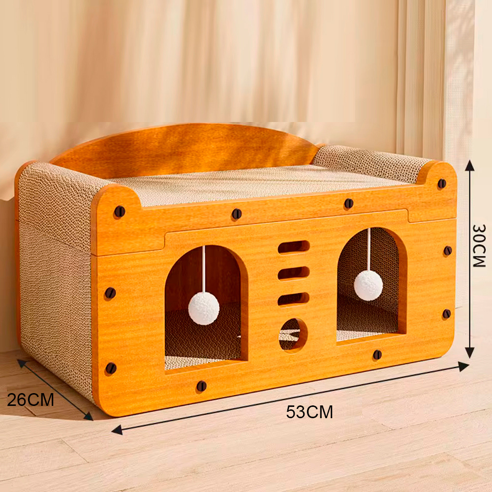 CASA RASCADOR PARA GATOS DOBLE PUERTA CARTÓN Y MADERA 53X26X30 CM MOD. C - 4