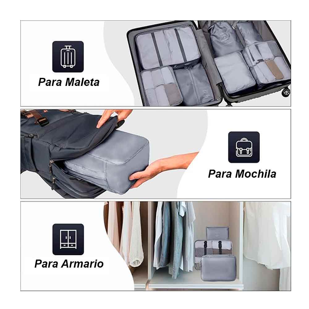 SET 7 ORGANIZADORES DE VIAJE ESTUCHES ALMACENAMIENTO GRIS - 6