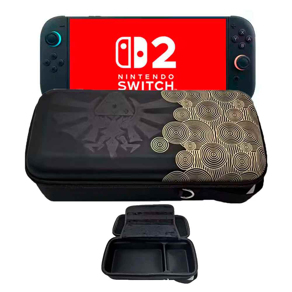 ESTUCHE PARA NINTENDO SWITCH 2 MEDIANO RÍGIDO EVA CON SUJETADOR ZELDA NEGRO/AMARILLO - 1