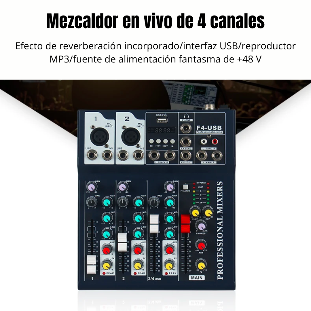 MEZCLADOR DE AUDIO 4 CANALES USB Y BLUETOOTH PROCESADOR DE EFECTOS F4 - 2