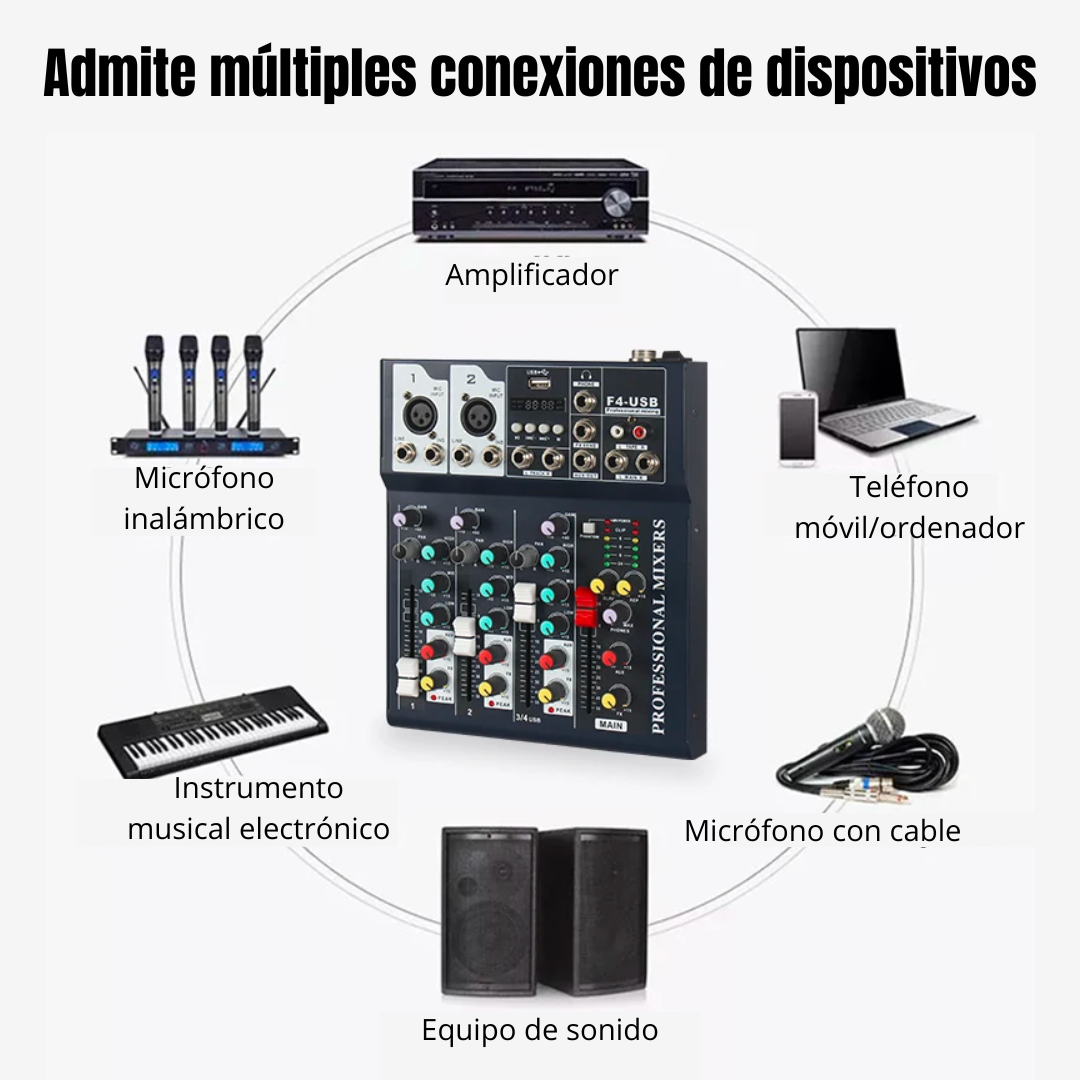 MEZCLADOR DE AUDIO 4 CANALES USB Y BLUETOOTH PROCESADOR DE EFECTOS F4 - 4