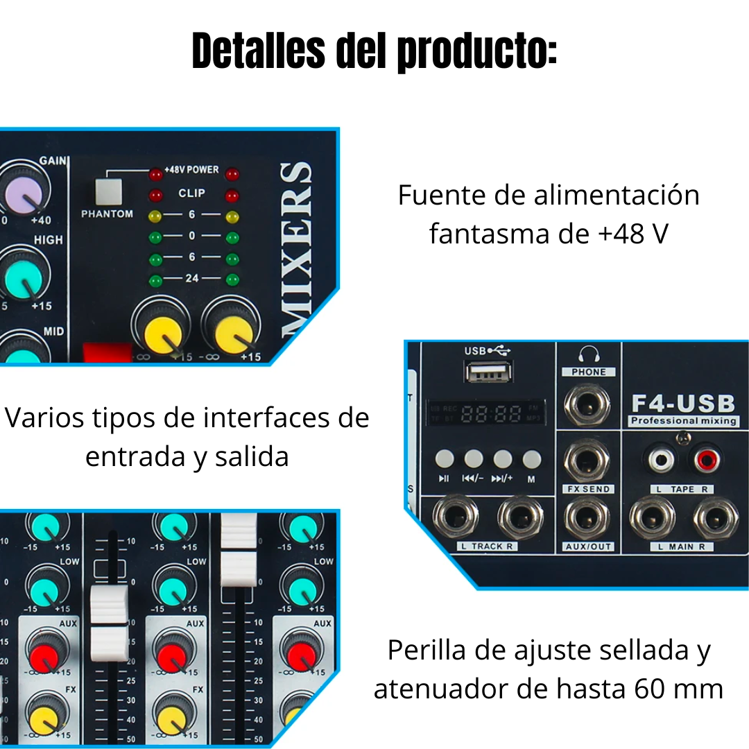MEZCLADOR DE AUDIO 4 CANALES USB Y BLUETOOTH PROCESADOR DE EFECTOS F4 - 6