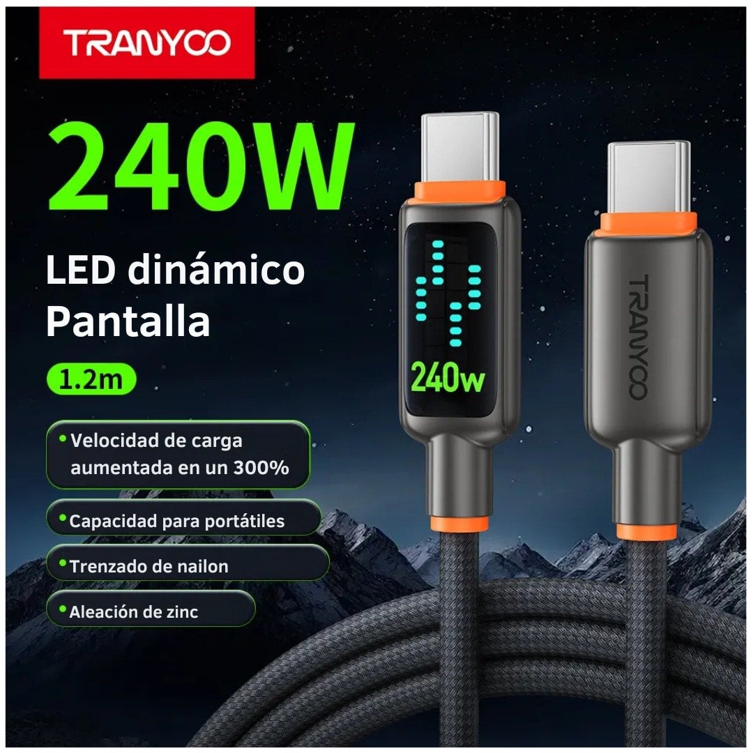 CABLE USB-C A USB-C 240W CON LED DINÁMICO Y CHIP E-MARKER 1.2 M - 2