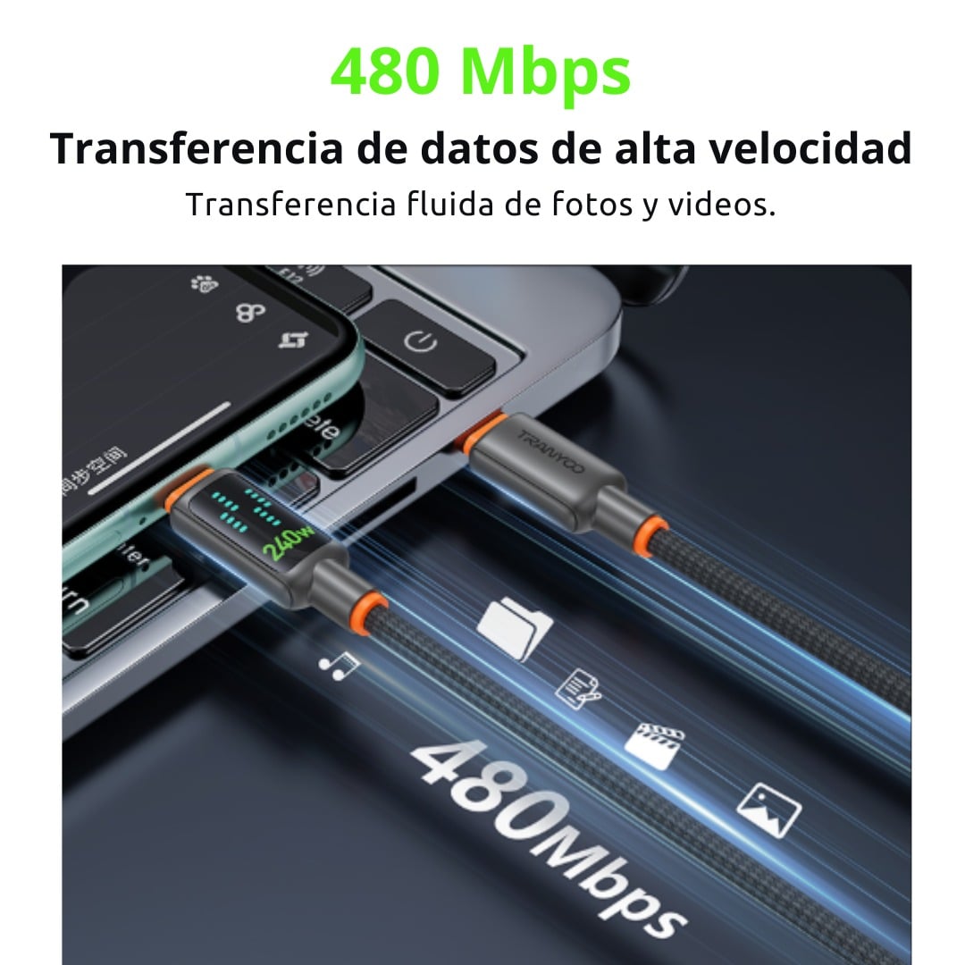 CABLE USB-C A USB-C 240W CON LED DINÁMICO Y CHIP E-MARKER 1.2 M - 5