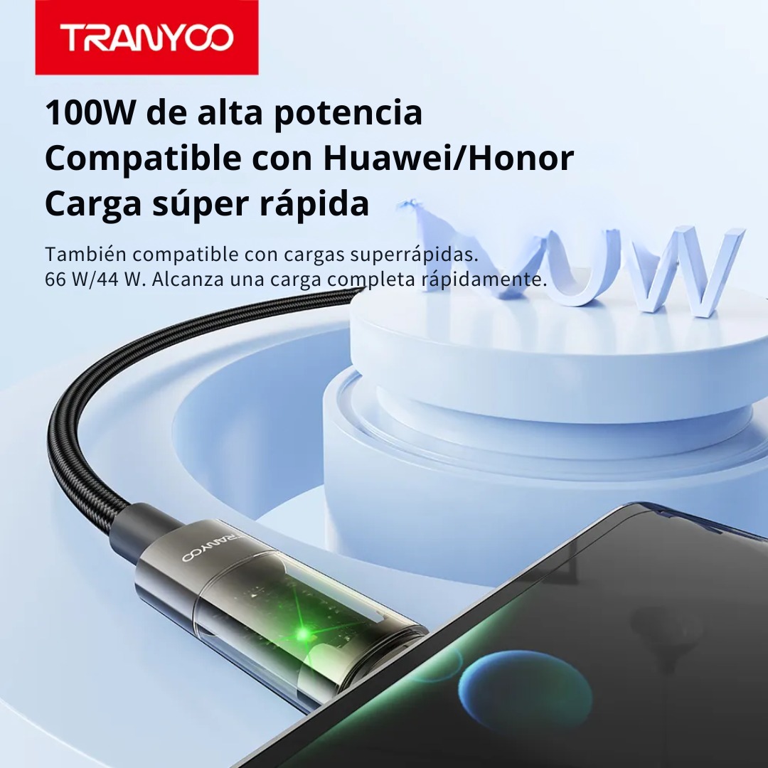 CABLE USB-C A USB-C 100W CON AUTOAPAGADO Y LED TRANSPARENTE 1.2 M - 3
