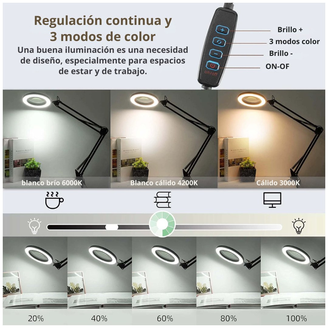LÁMPARA LUPA LED 10X CON BRAZO ARTICULADO, 10 NIVELES Y 3 COLORES USB - 2