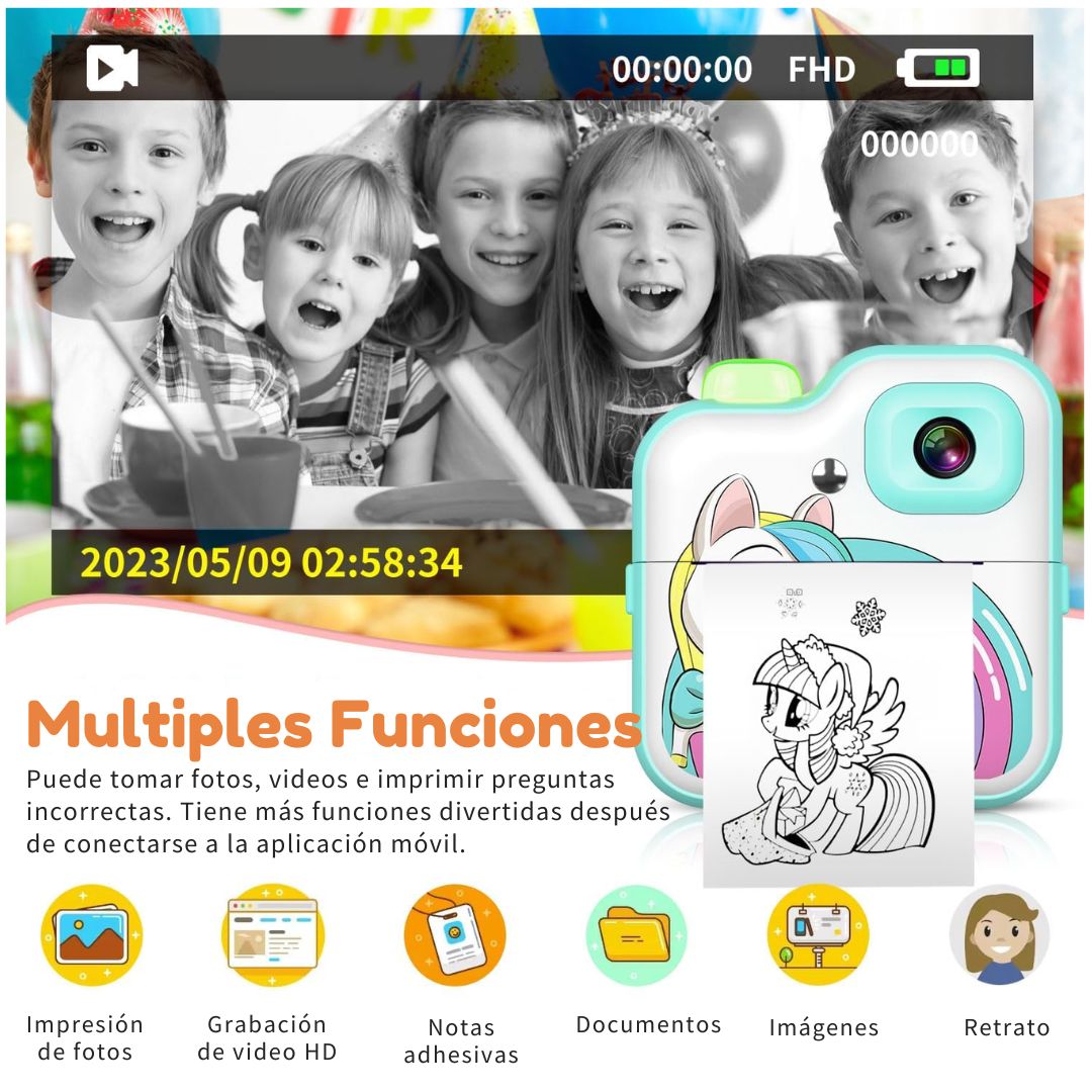 CÁMARA DIGITAL INFANTIL UNICORNIO CON IMPRESORA INSTANTÁNEA - 2