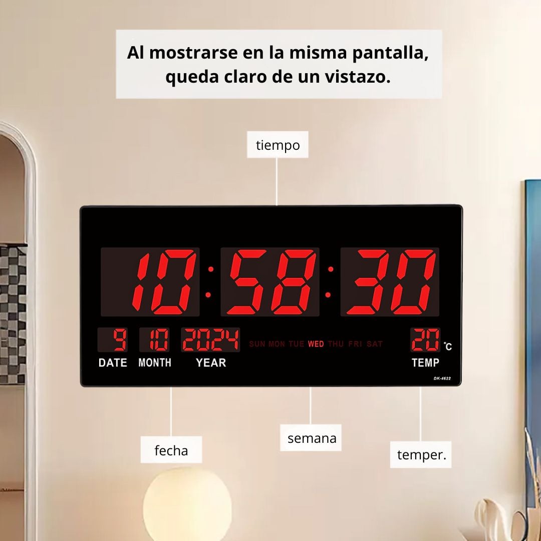 RELOJ DIGITAL LED GRANDE DE PARED 46 CM CON HORA 12/24H, FECHA, DÍA, TEMPERATURA Y BRILLO AUTOMÁTICO - 3