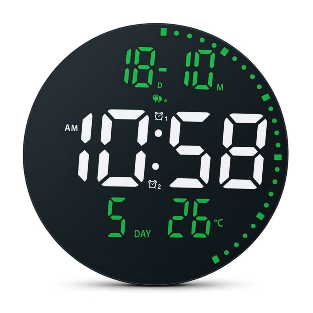 RELOJ DIGITAL LED REDONDO 25 CM CON ALARMA, FECHA, TEMPERATURA, BRILLO AJUSTABLE Y CONTROL REMOTO - 1