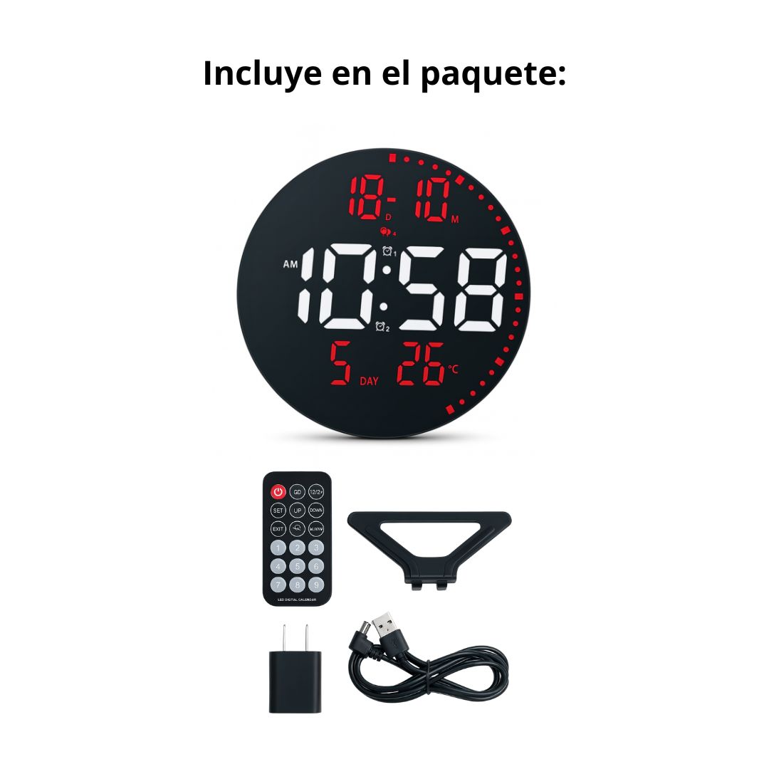 RELOJ DIGITAL LED REDONDO 25 CM CON ALARMA, FECHA, TEMPERATURA, BRILLO AJUSTABLE Y CONTROL REMOTO - 4
