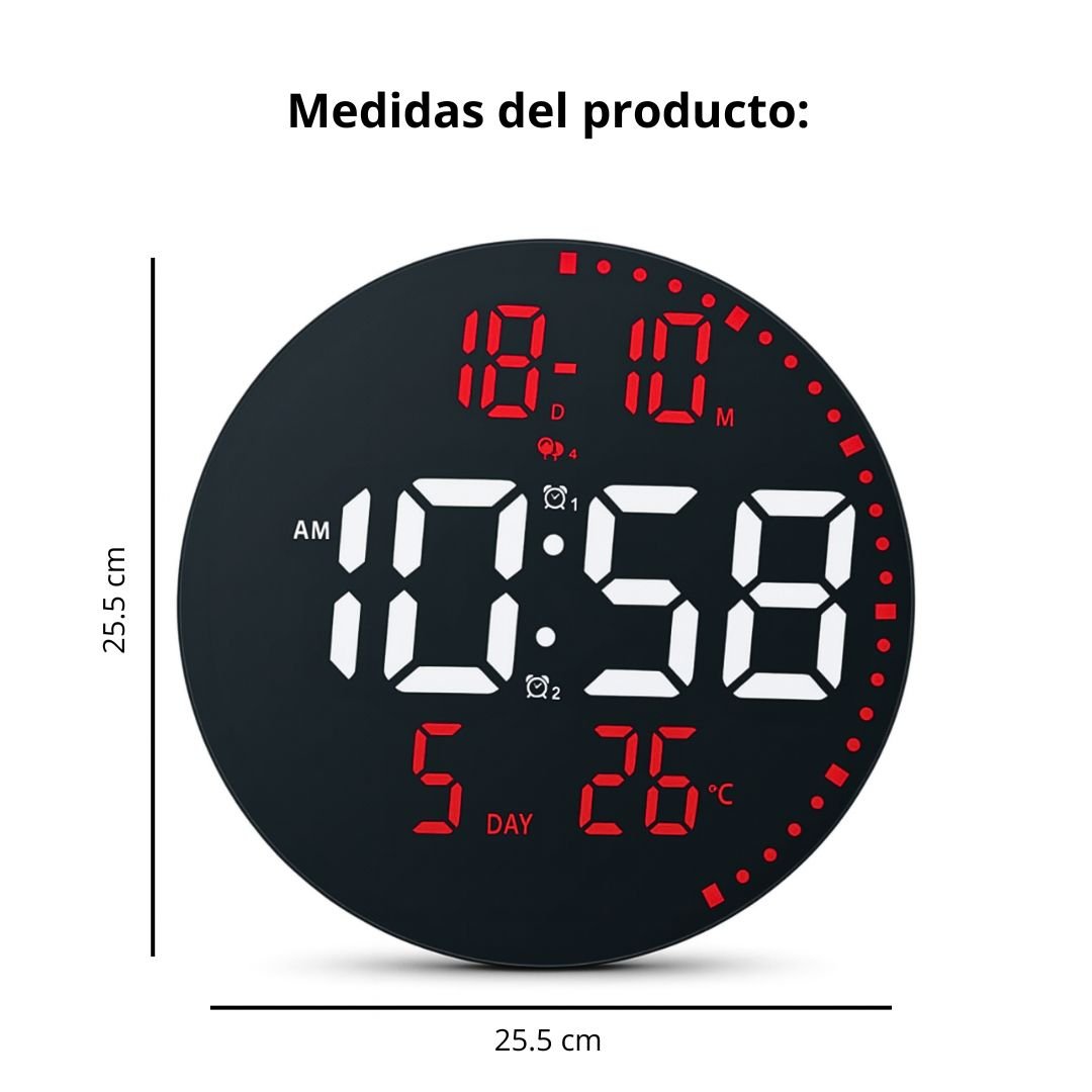 RELOJ DIGITAL LED REDONDO 25 CM CON ALARMA, FECHA, TEMPERATURA, BRILLO AJUSTABLE Y CONTROL REMOTO - 5