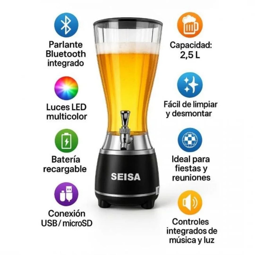 PARLANTE BLUETOOTH LED SEISA YX-S9866 RGB CON DISPENSADOR 2.5 L TIPO CAÑÓN DE CERVEZA PARA FIESTAS - 4