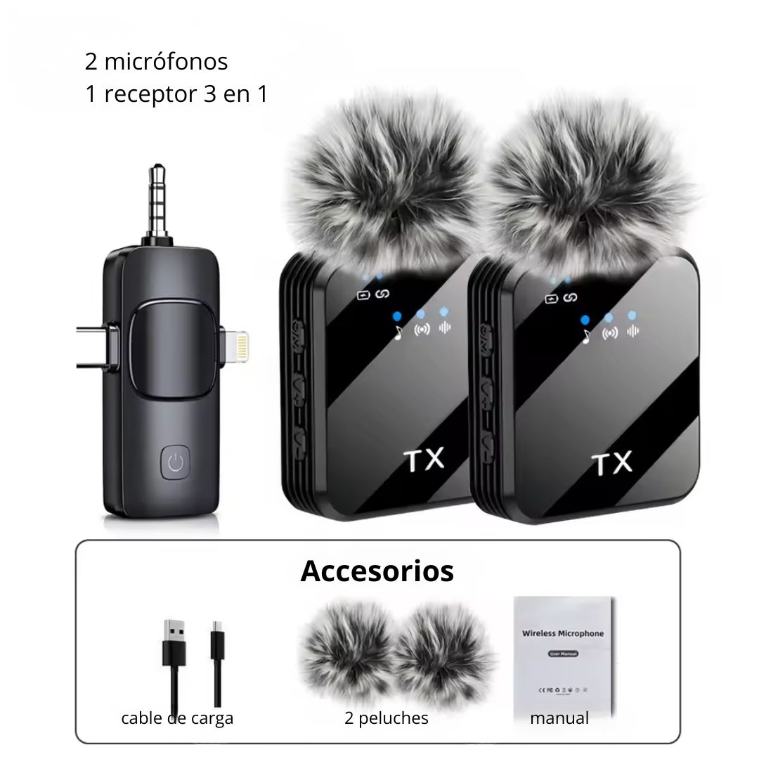 MICRÓFONO INALÁMBRICO DE SOLAPA DOBLE F11-2 CON 2 TX Y RECEPTOR TIPO C, LIGHTNING Y JACK 3.5 MM - 8
