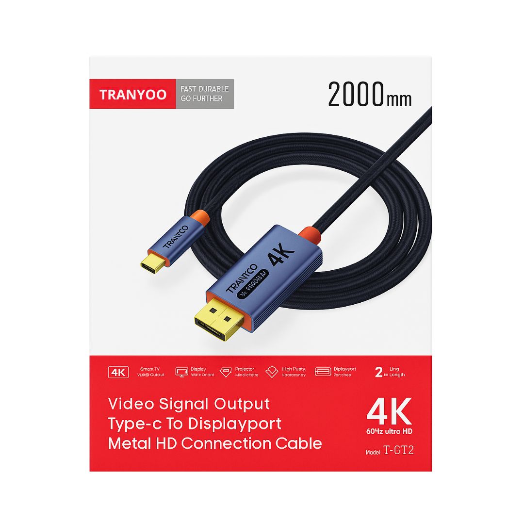 CABLE DE VIDEO TYPE-C A DISPLAYPORT TRANYOO 4K 60 HZ 2 M CON CONECTORES METÁLICOS ANTIDESLIZANTES - 1