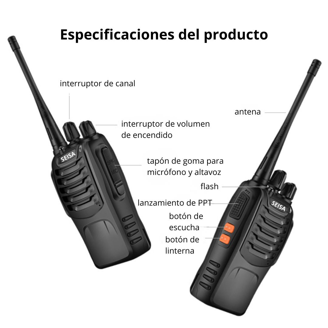 WALKIE TALKIE SEISA UHF 5W 16 CANALES ALCANCE HASTA 5 KM, VOX, LINTERNA, FM Y CTCSS/DCS (2 UNIDADES) - 5
