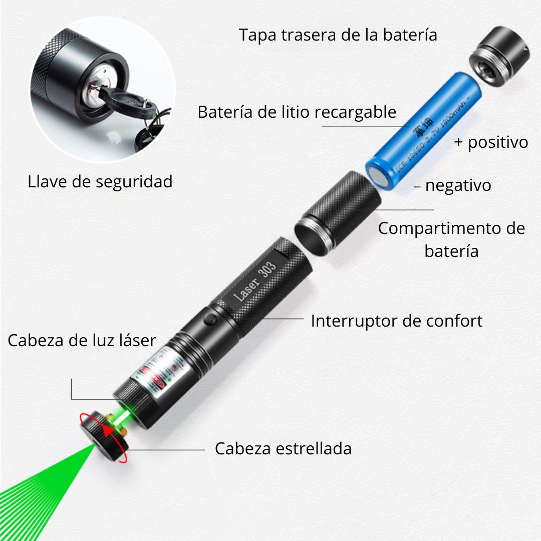 PUNTERO LÁSER VERDE PROFESIONAL 3000 M CON LLAVE DE SEGURIDAD Y BATERÍA RECARGABLE - 4