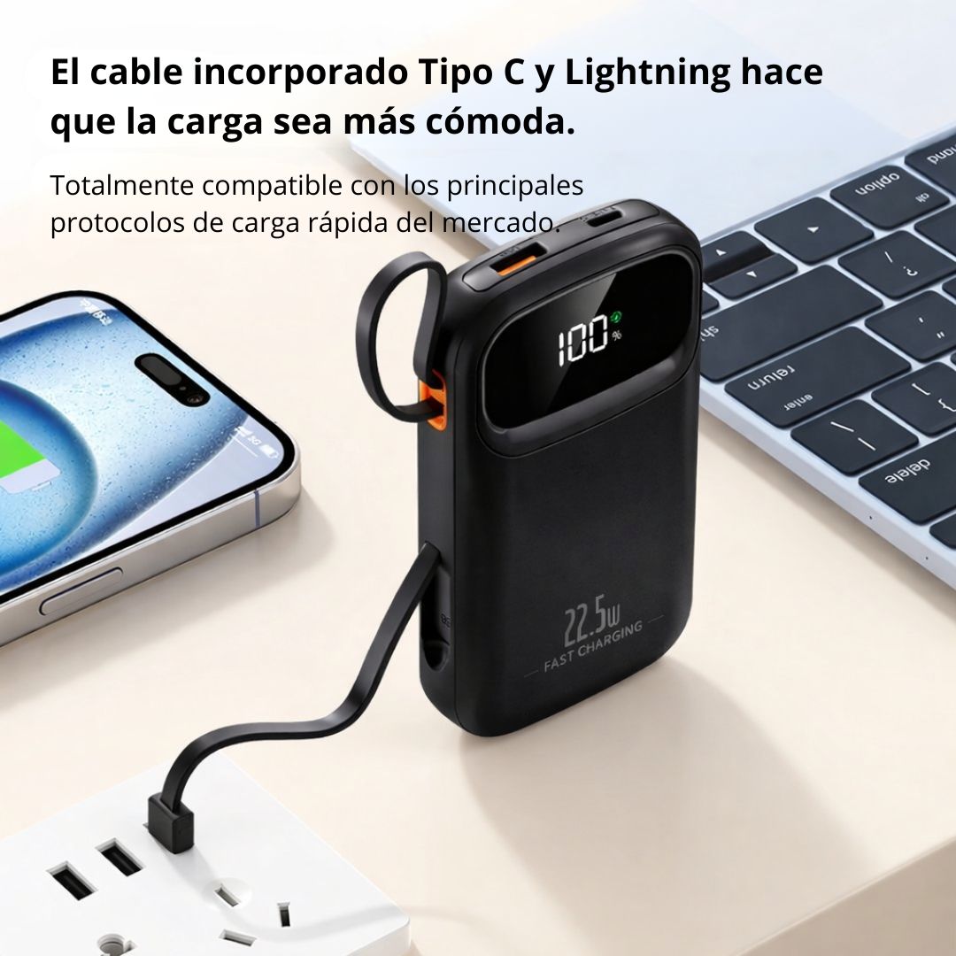 POWER BANK 20000 MAH CON CARGA RÁPIDA PD 22.5W, CABLES INTEGRADOS TIPO C Y LIGHTNING - 4