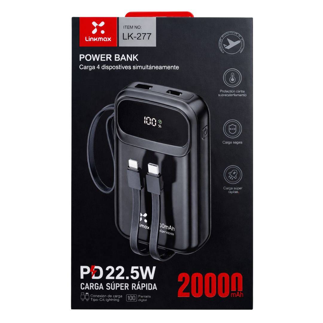 POWER BANK 20000 MAH CON CARGA RÁPIDA PD 22.5W, CABLES INTEGRADOS TIPO C Y LIGHTNING - 7