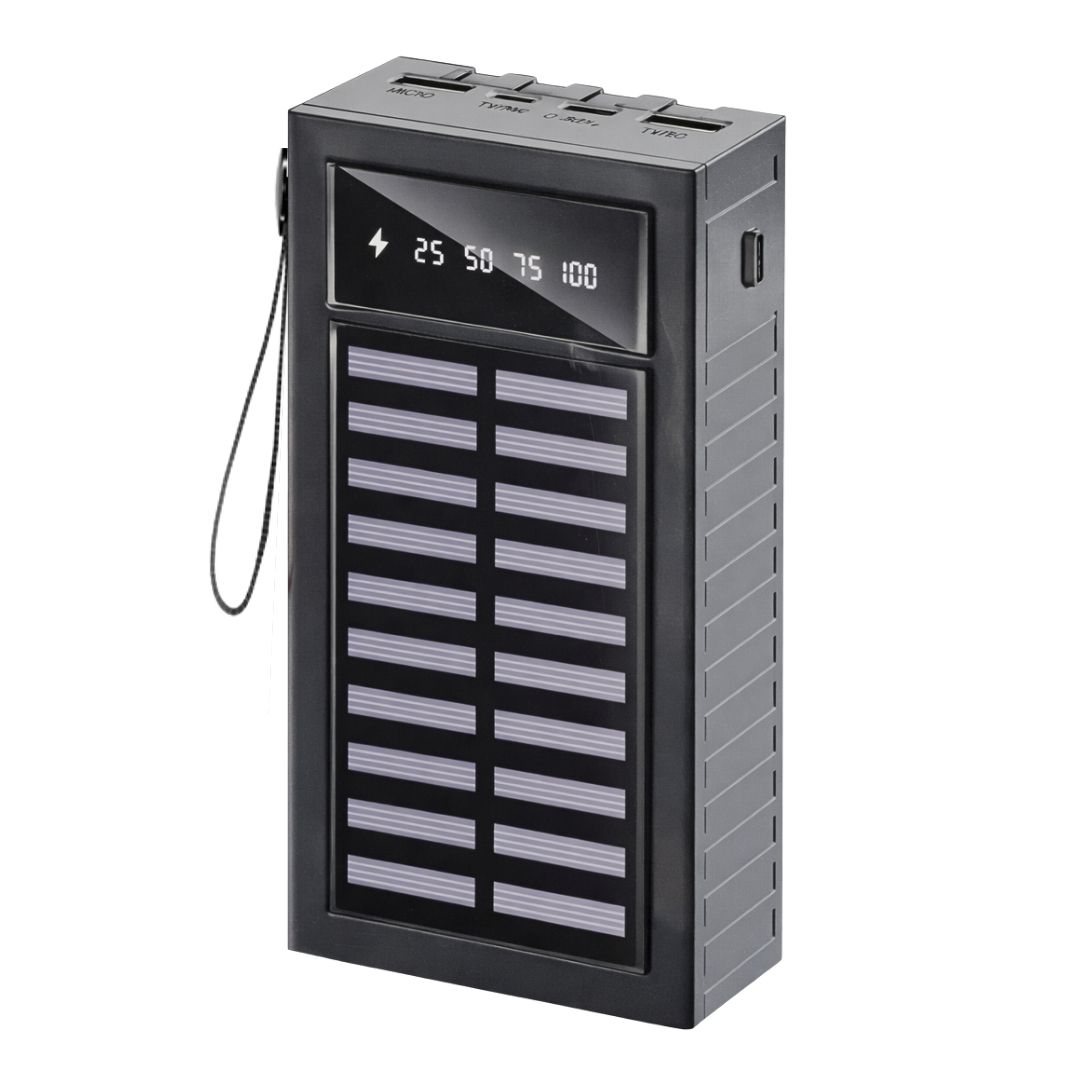 POWER BANK SOLAR 20000 MAH CON CABLES INTEGRADOS TIPO C, LIGHTNING Y MICRO USB, LUZ LED - 1