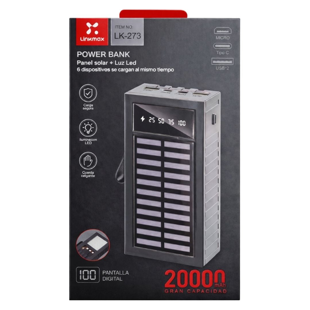 POWER BANK SOLAR 20000 MAH CON CABLES INTEGRADOS TIPO C, LIGHTNING Y MICRO USB, LUZ LED - 2