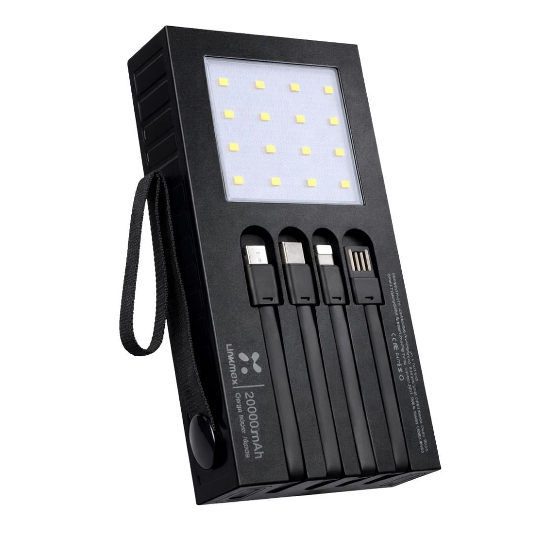 POWER BANK SOLAR 20000 MAH CON CABLES INTEGRADOS TIPO C, LIGHTNING Y MICRO USB, LUZ LED - 3
