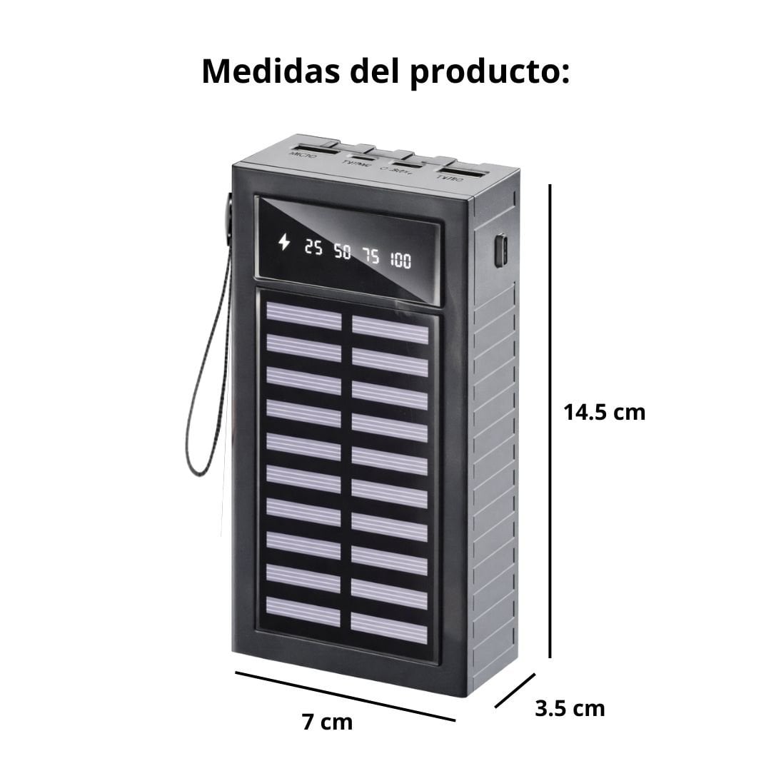 POWER BANK SOLAR 20000 MAH CON CABLES INTEGRADOS TIPO C, LIGHTNING Y MICRO USB, LUZ LED - 4