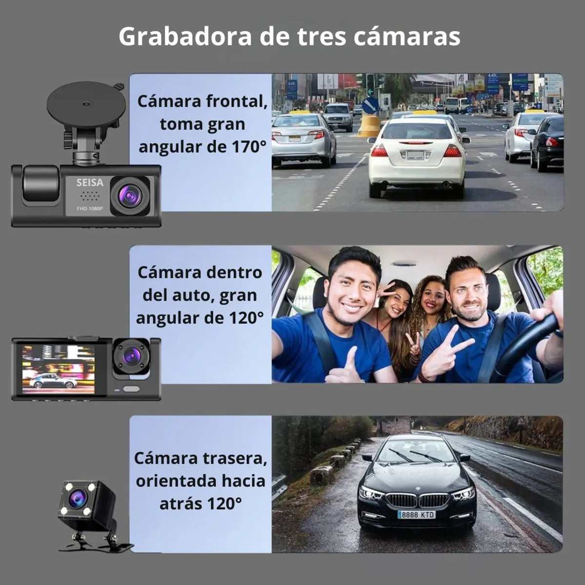 CÁMARA PARA AUTO FULL HD DASH CAM 1080P CON 3 CÁMARAS FRONTAL, INTERIOR Y TRASERA, PANTALLA 2” - 2