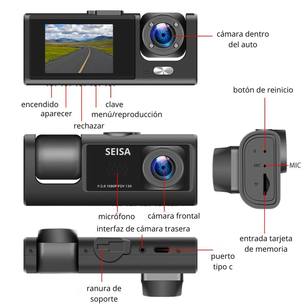 CÁMARA PARA AUTO FULL HD DASH CAM 1080P CON 3 CÁMARAS FRONTAL, INTERIOR Y TRASERA, PANTALLA 2” - 5