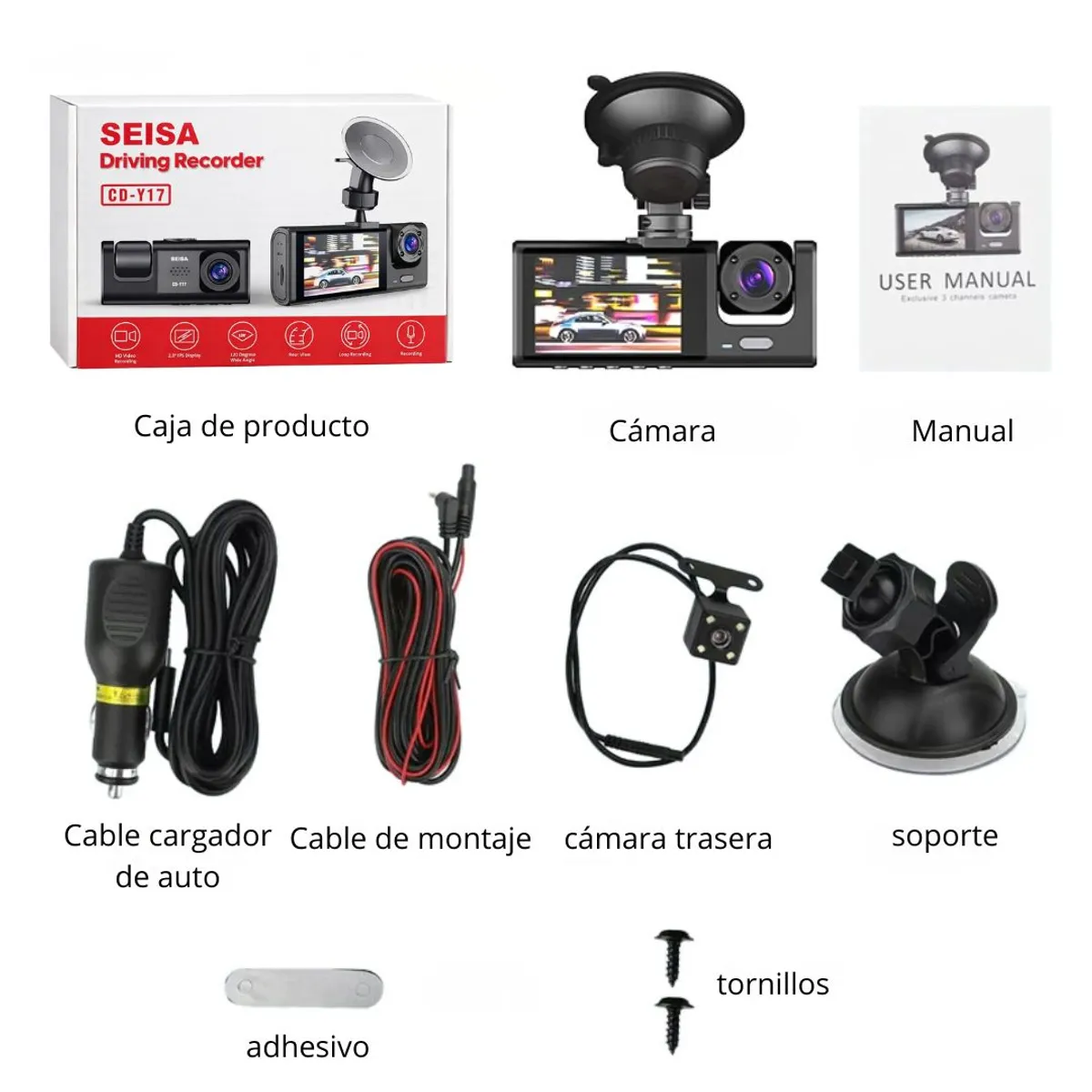 CÁMARA PARA AUTO FULL HD DASH CAM 1080P CON 3 CÁMARAS FRONTAL, INTERIOR Y TRASERA, PANTALLA 2” - 8