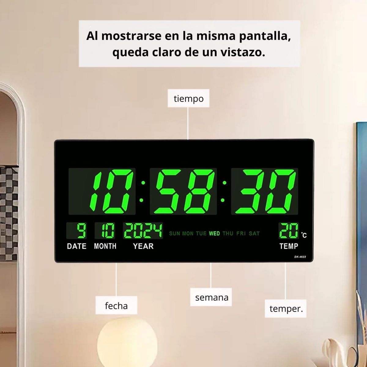 RELOJ DIGITAL LED GRANDE DE PARED 46 CM CON HORA 12/24H, FECHA, DÍA, TEMPERATURA Y BRILLO AUTOMÁTICO - 3