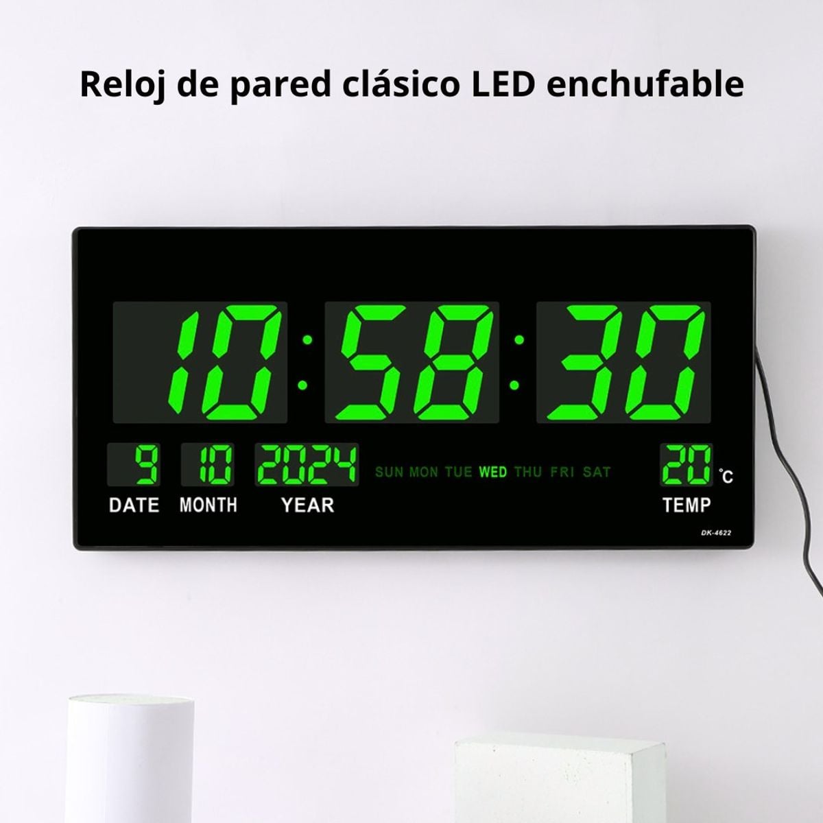 RELOJ DIGITAL LED GRANDE DE PARED 46 CM CON HORA 12/24H, FECHA, DÍA, TEMPERATURA Y BRILLO AUTOMÁTICO - 4