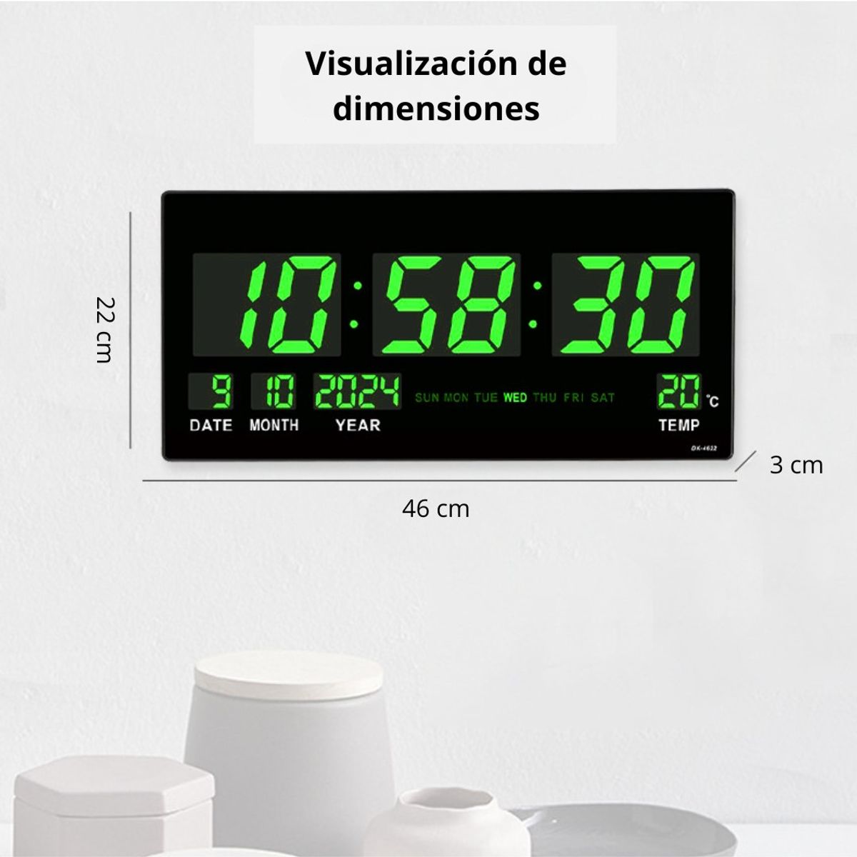 RELOJ DIGITAL LED GRANDE DE PARED 46 CM CON HORA 12/24H, FECHA, DÍA, TEMPERATURA Y BRILLO AUTOMÁTICO - 8