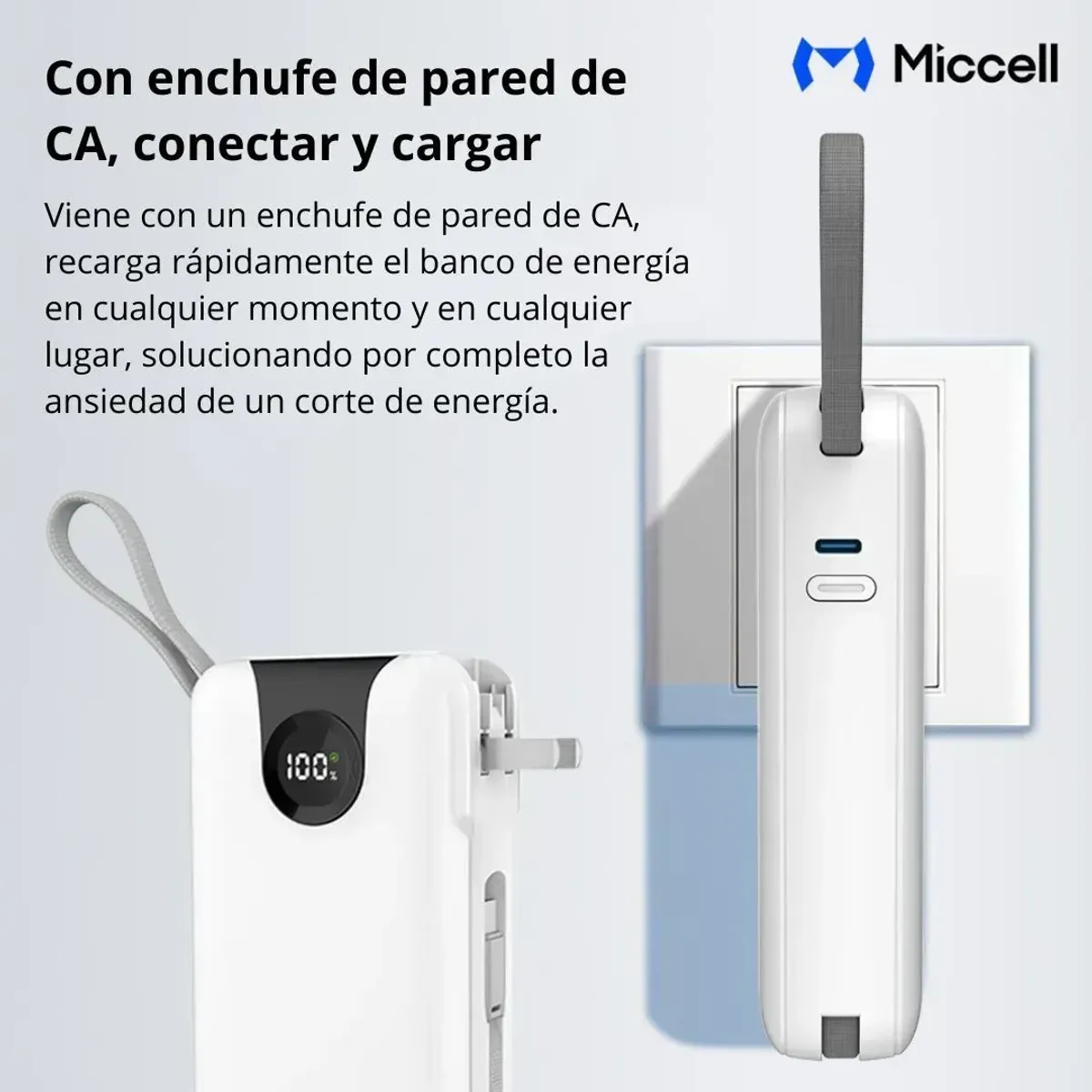 POWER BANK 20000MAH 35W CARGA RÁPIDA CON CABLES INTEGRADOS USB-C LIGHTNING MICCELL VQ-P59 - 2